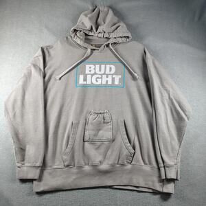 Brew City Mens XL Gray Bud Light Hoodie Beer Pouch Graphic Sweatshirt EUC